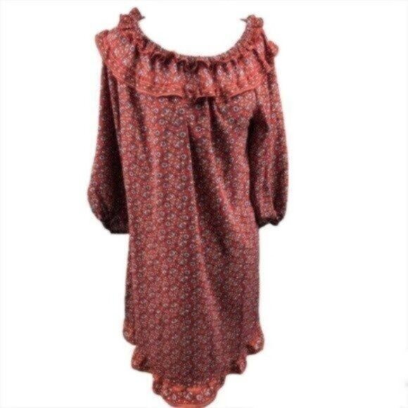 NWT Max Studio Rust/Red Floral Puff-Sleeve Ruffled Boho Dress Large - Picture 5 of 10